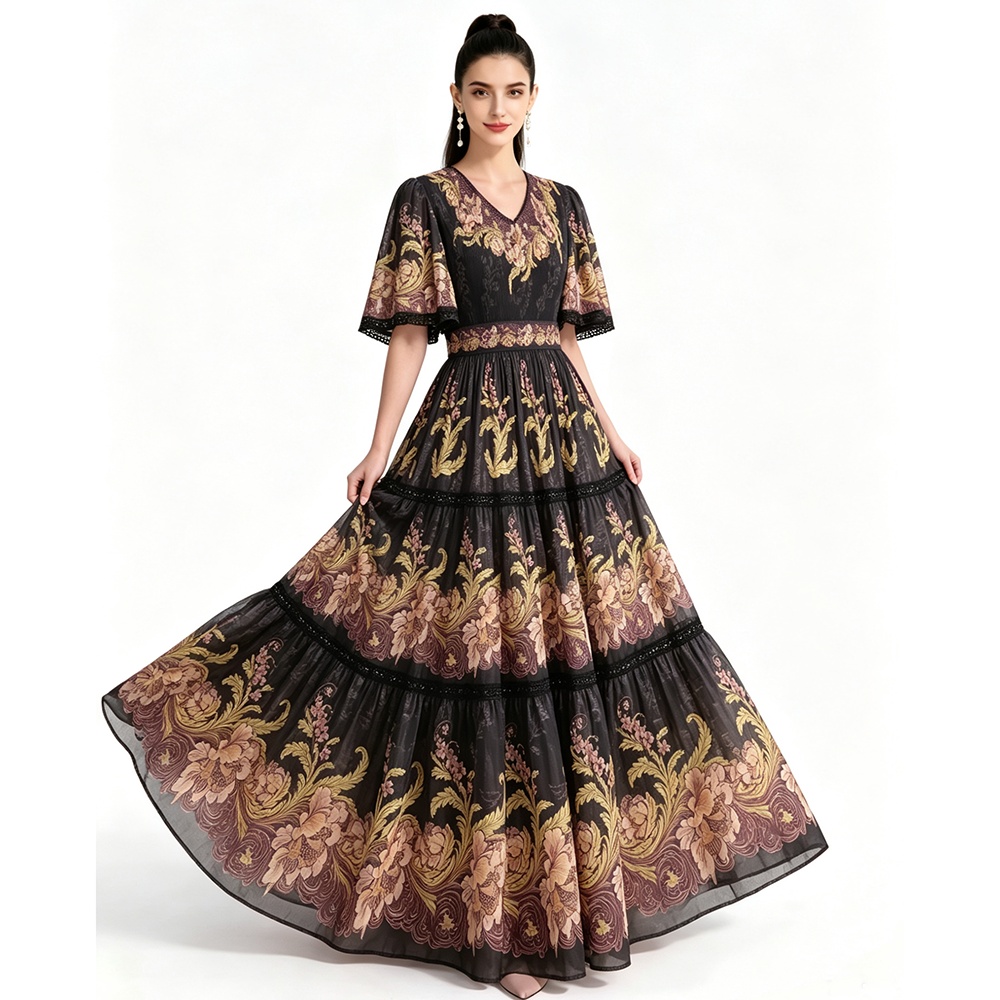 Short sleeve printing long dress
