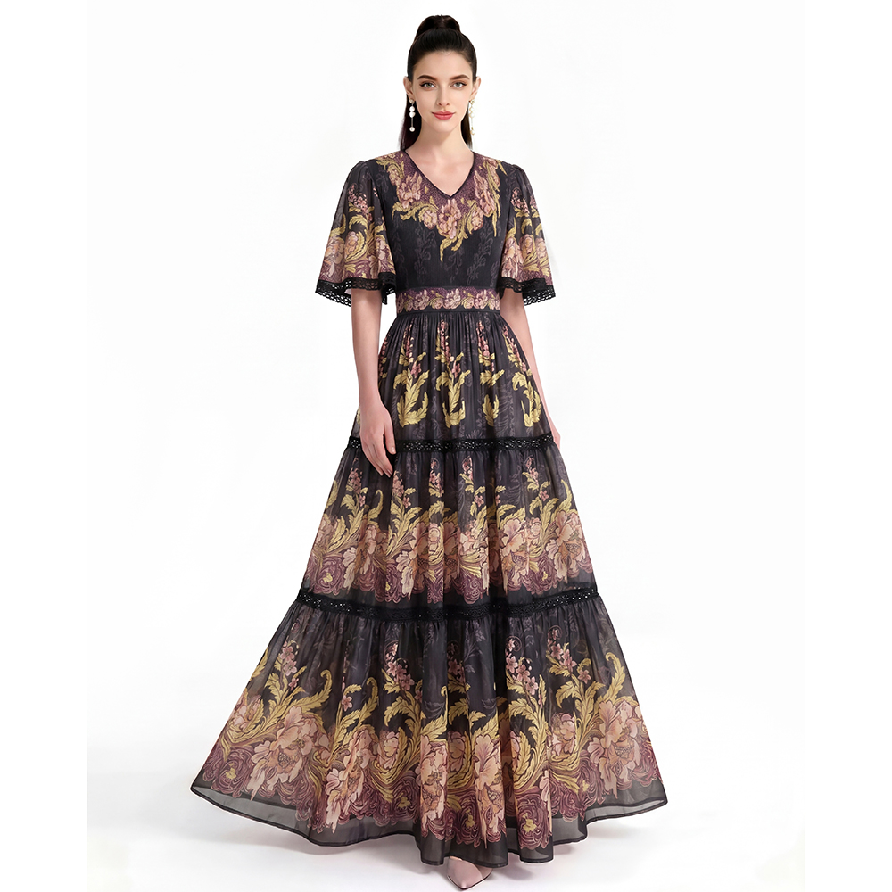 Short sleeve printing long dress