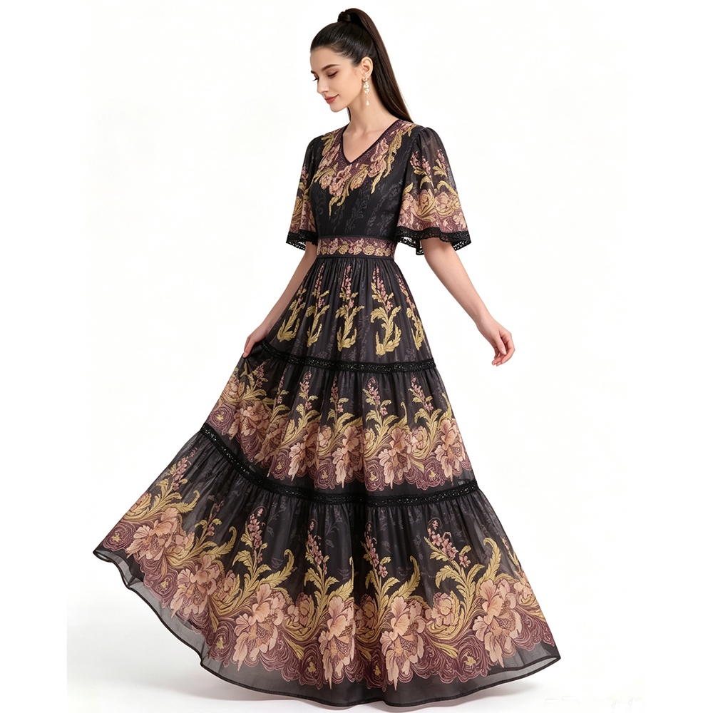 Short sleeve printing long dress