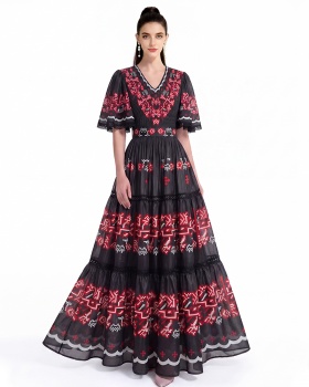 Long printing short sleeve dress