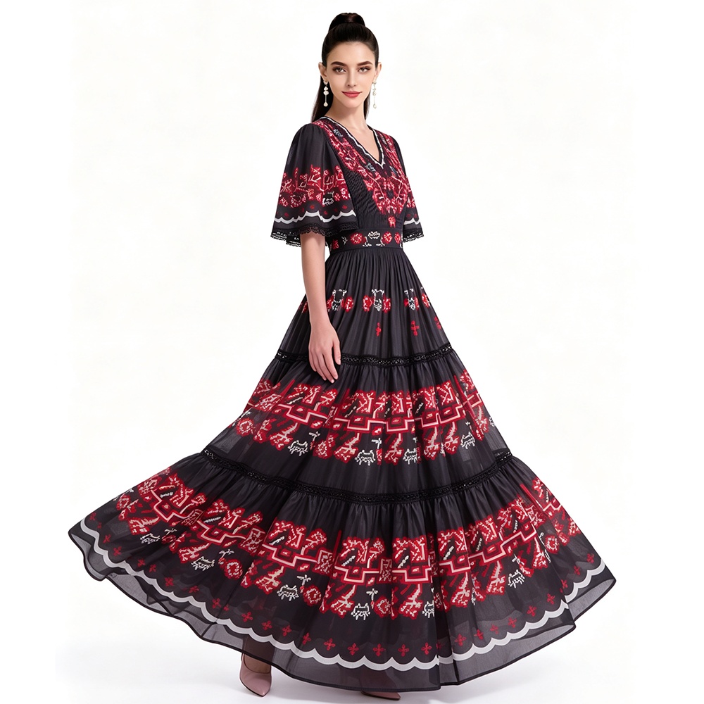 Long printing short sleeve dress
