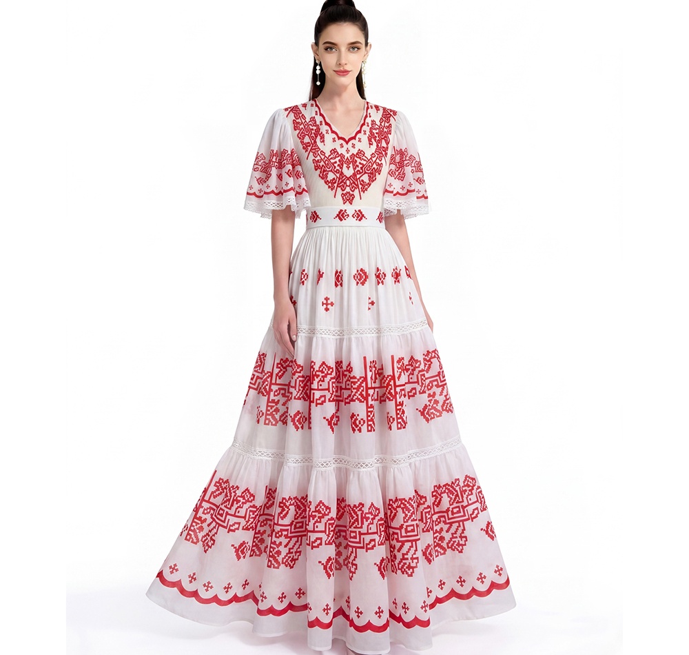 Long printing short sleeve dress