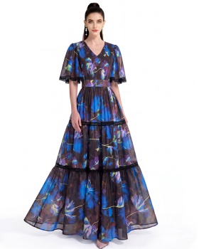 Long printing short sleeve dress