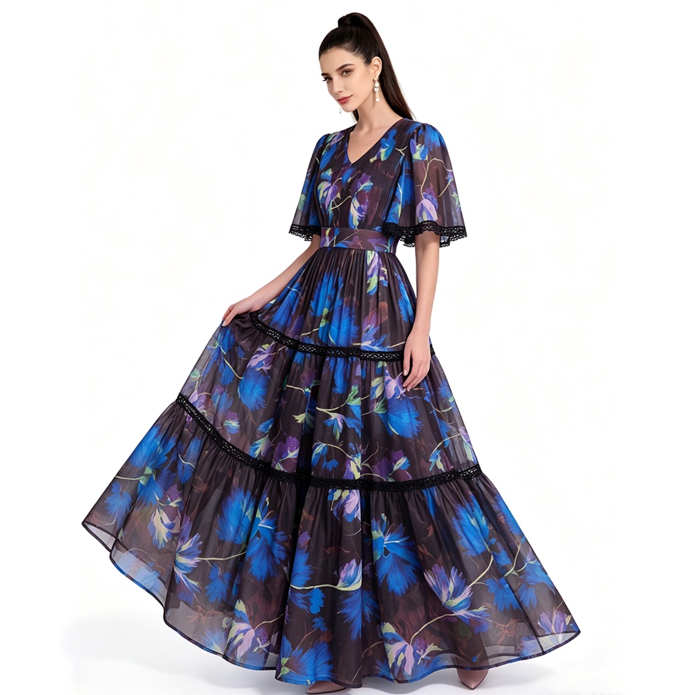 Long printing short sleeve dress