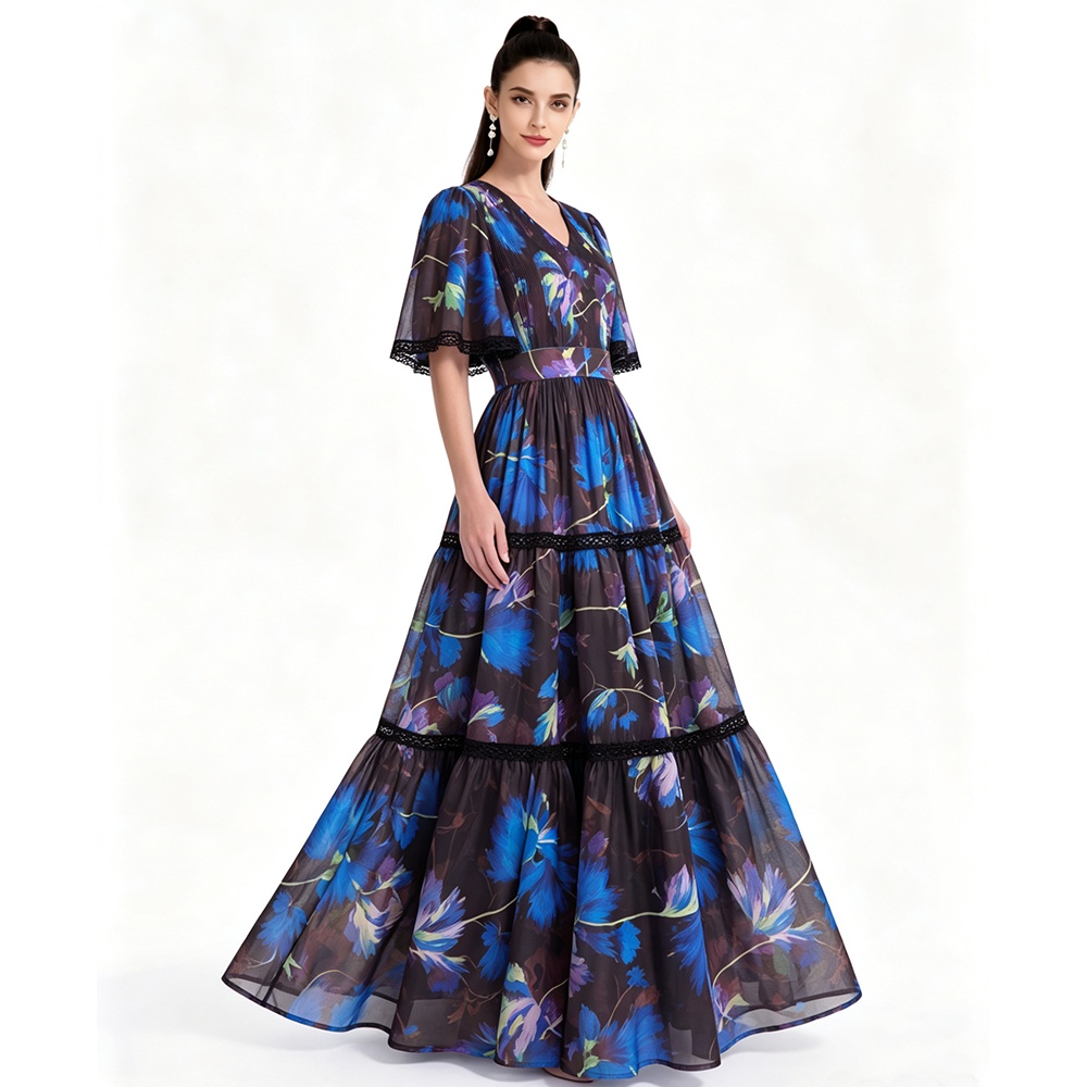 Long printing short sleeve dress