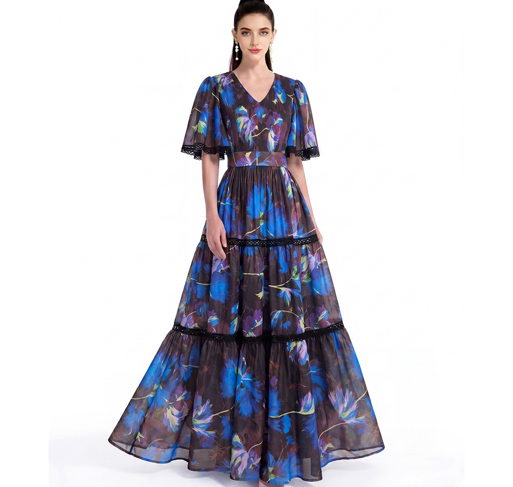 Long printing short sleeve dress