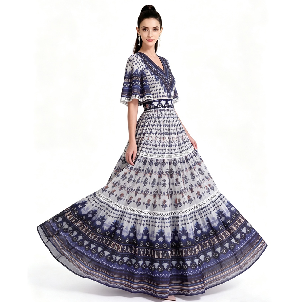 Printing long short sleeve dress