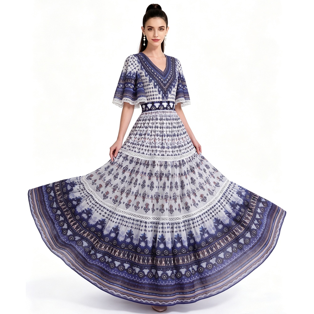 Printing long short sleeve dress