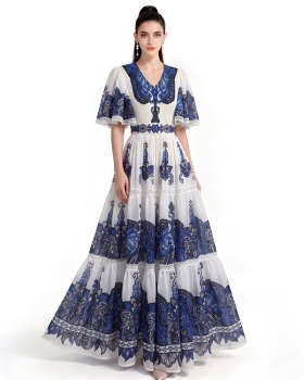 Printing short sleeve long dress