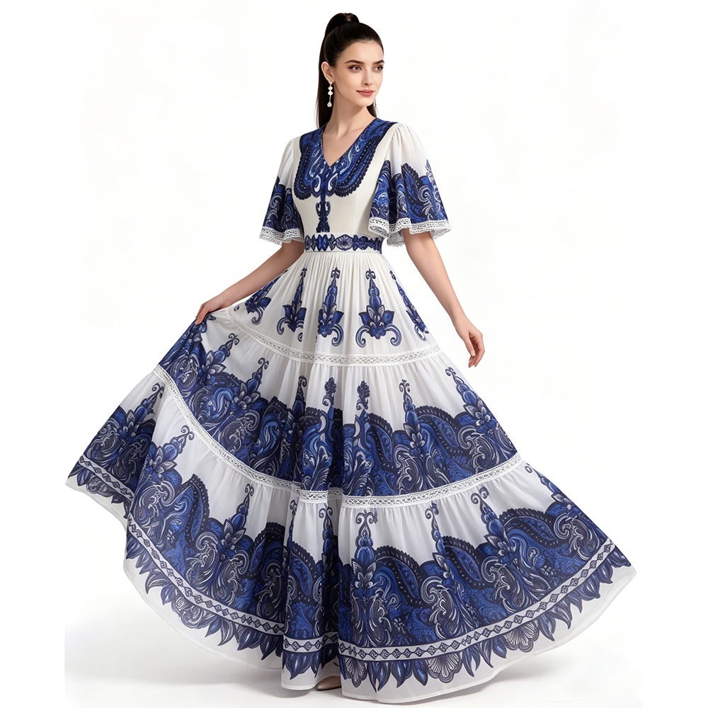 Printing short sleeve long dress