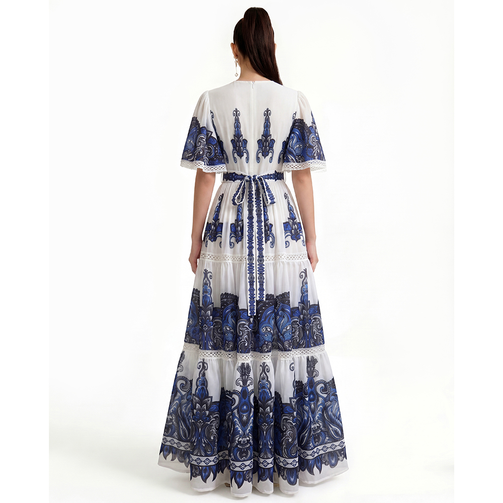 Printing short sleeve long dress