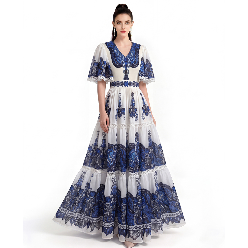 Printing short sleeve long dress