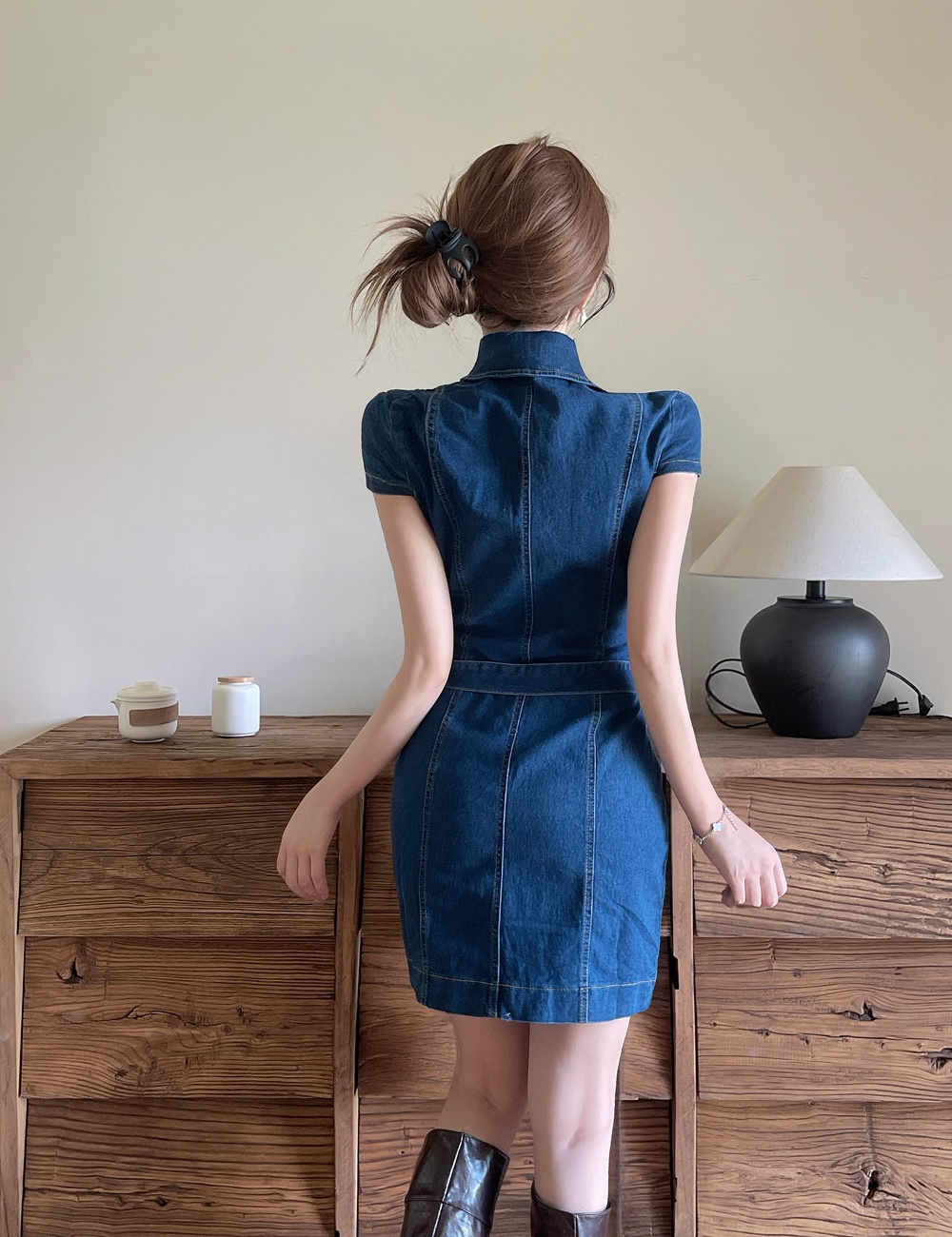 France style T-back pinched waist dress for women