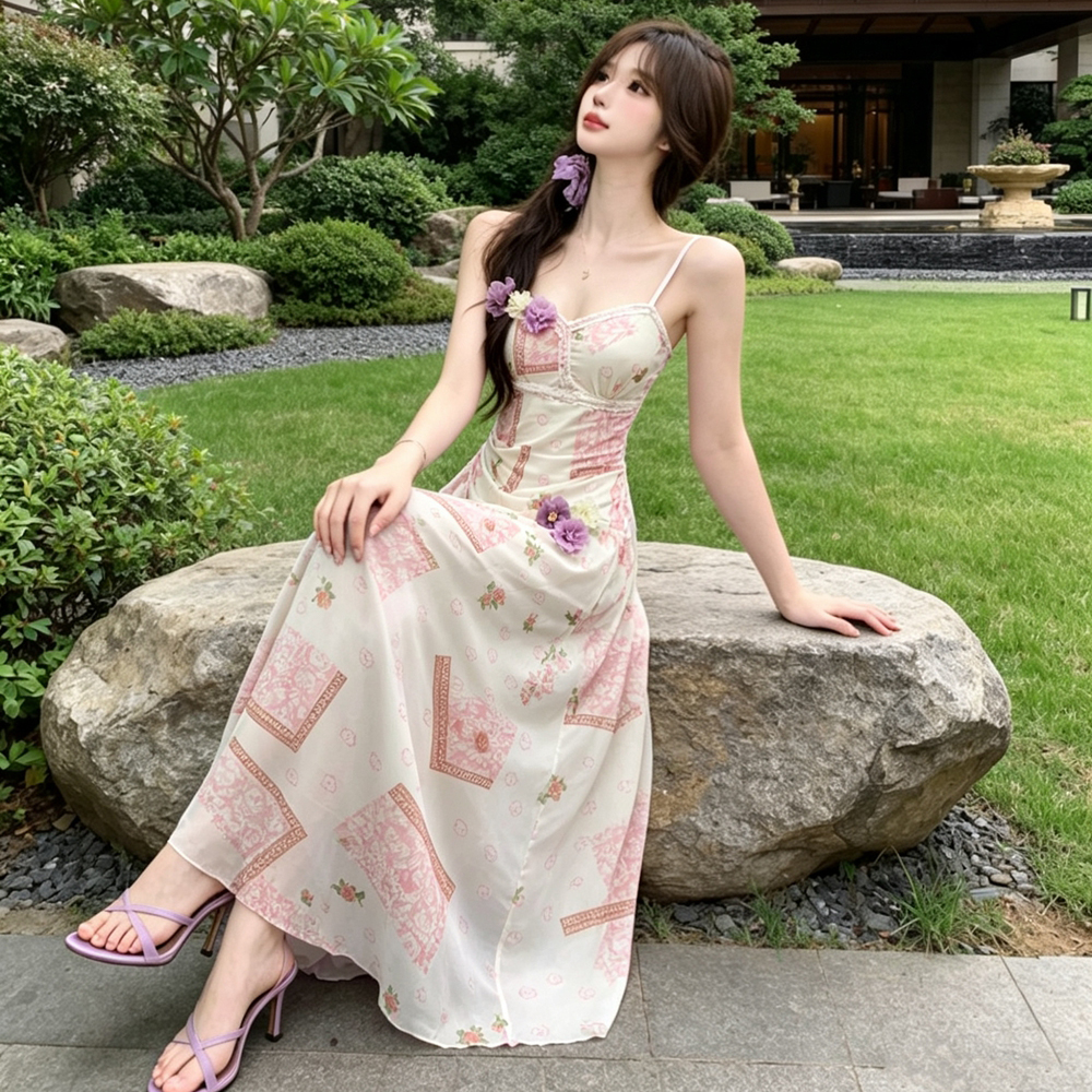 Temperament long dress flowers beach dress for women