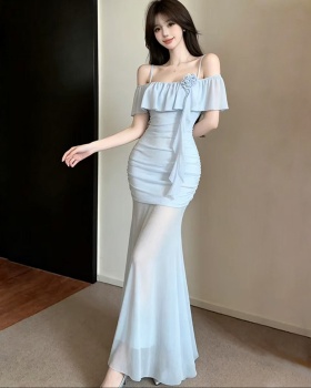 Flat shoulder sling long dress gauze dress for women