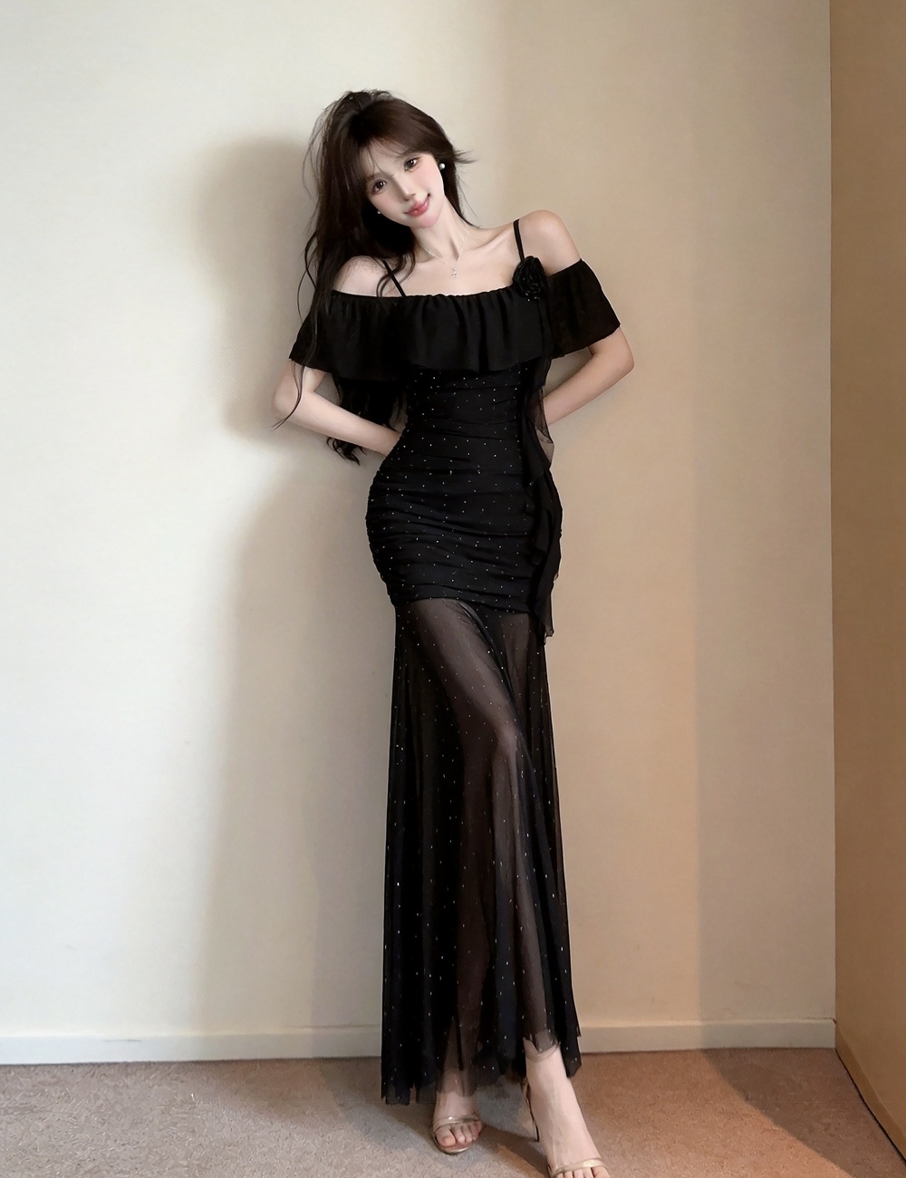 Flat shoulder sling long dress gauze dress for women