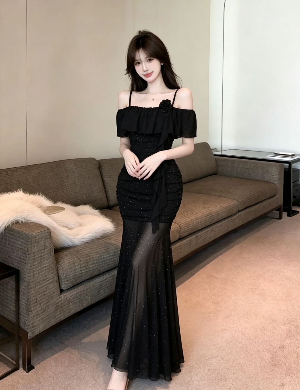 Flat shoulder sling long dress gauze dress for women