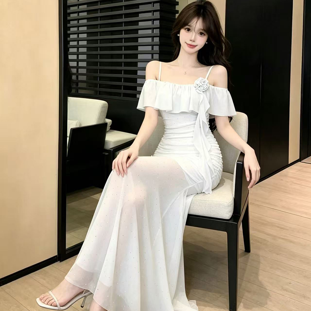 Flat shoulder sling long dress gauze dress for women