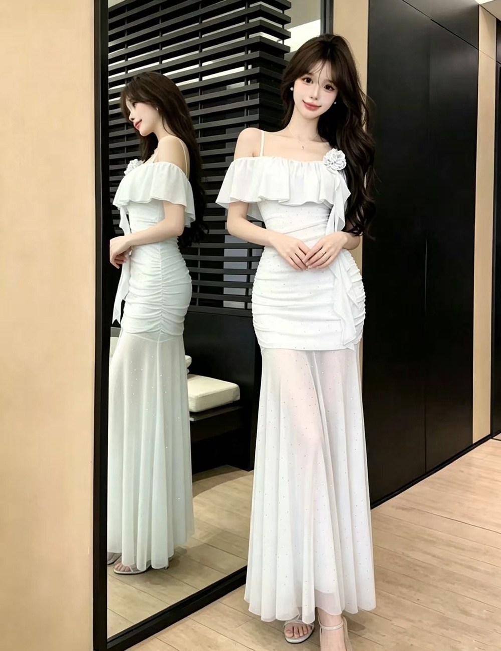 Flat shoulder sling long dress gauze dress for women