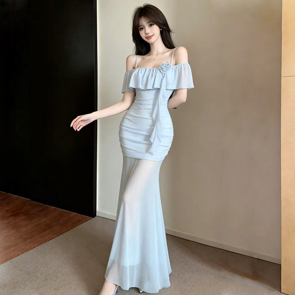 Flat shoulder sling long dress gauze dress for women