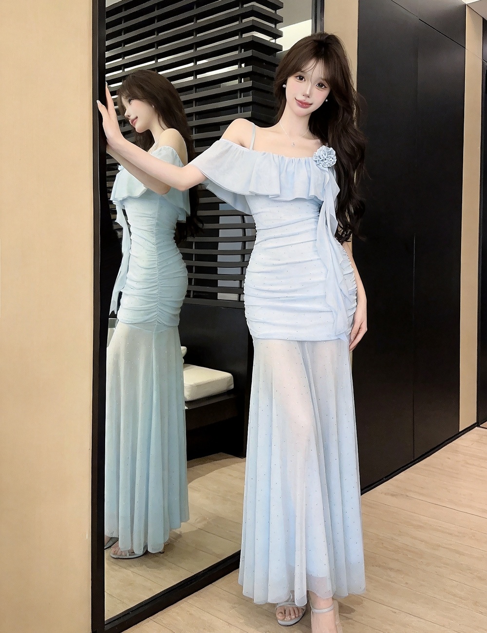 Flat shoulder sling long dress gauze dress for women