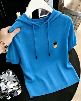 Hooded loose bottoming shirt ice silk tops for women