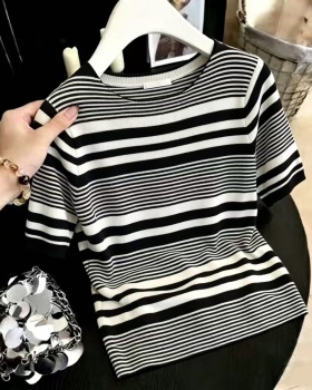 Mixed colors knitted T-shirt short sleeve stripe tops