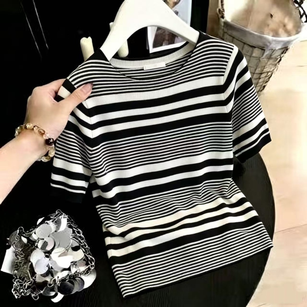 Mixed colors knitted T-shirt short sleeve stripe tops