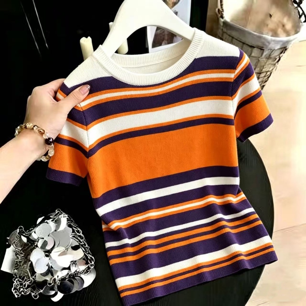 Thin mixed colors T-shirt stripe summer sweater