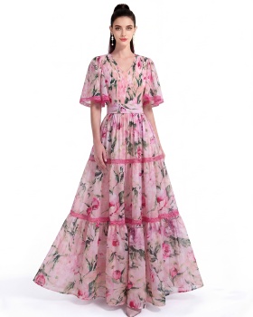 Short sleeve printing long dress