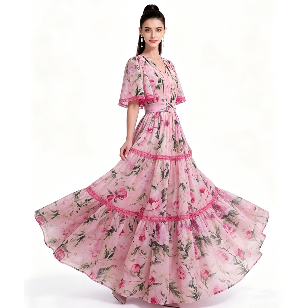 Short sleeve printing long dress