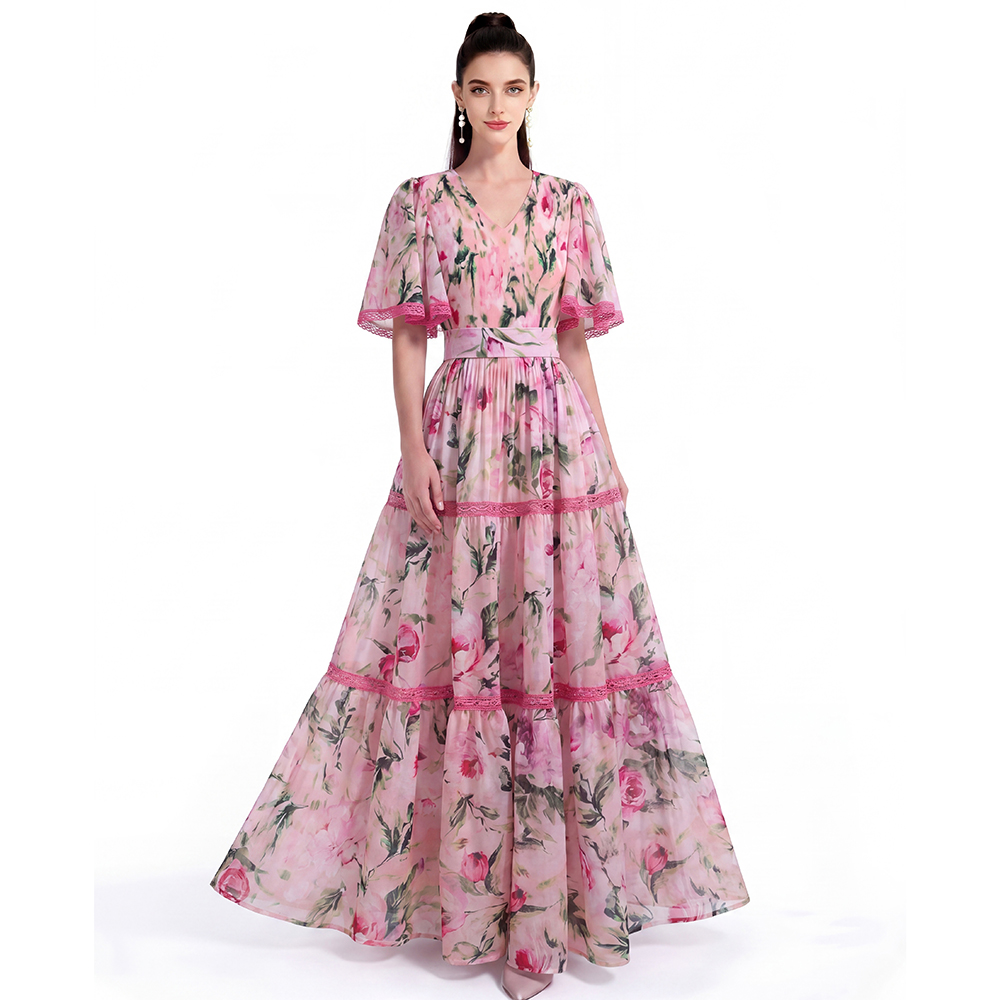 Short sleeve printing long dress