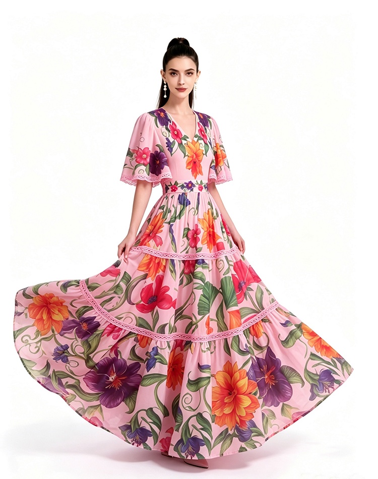 Short sleeve long printing dress