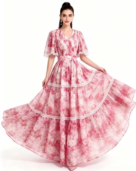 Printing long short sleeve dress