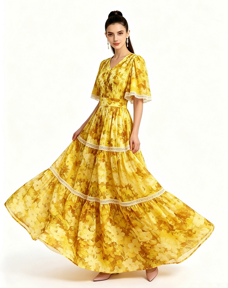 Printing long short sleeve dress