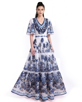 Long printing short sleeve dress