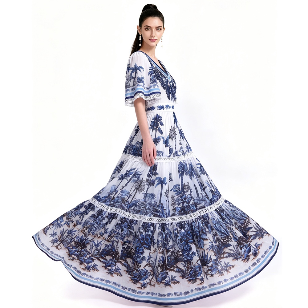 Long printing short sleeve dress