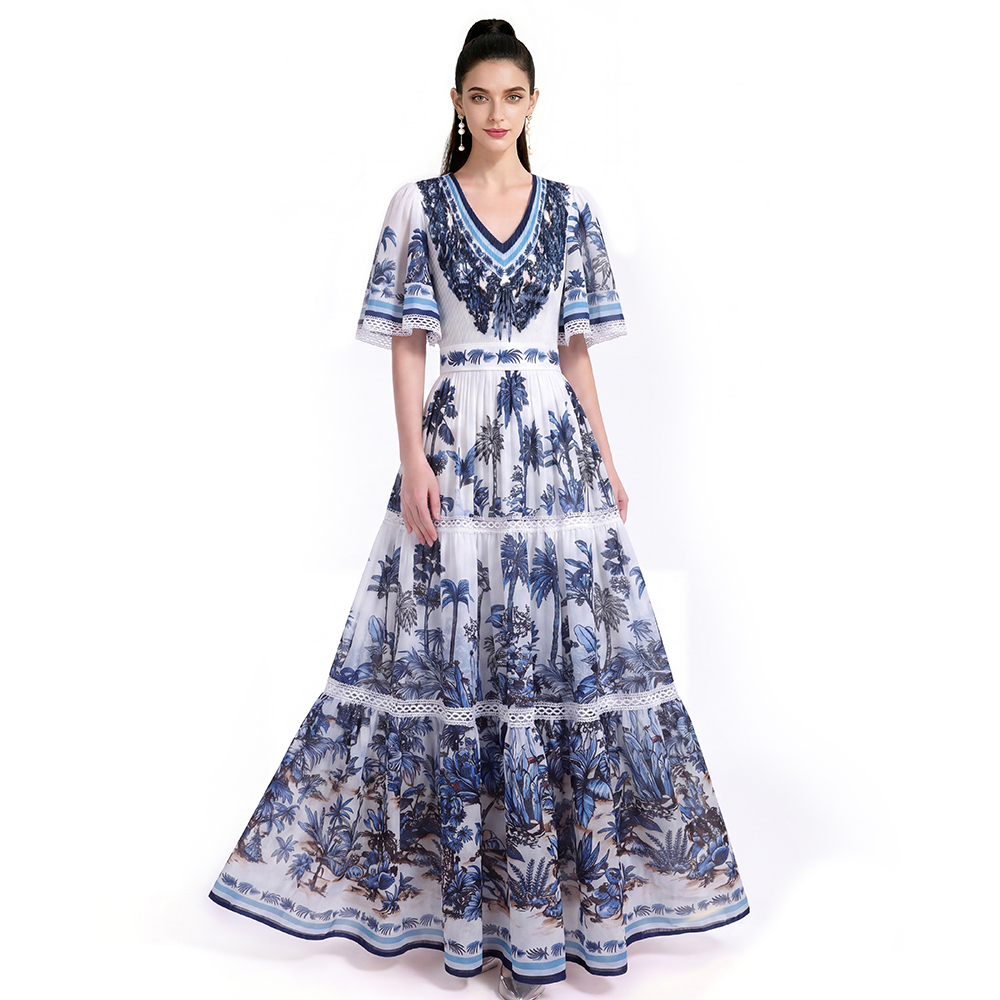 Long printing short sleeve dress