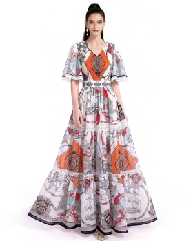 Short sleeve printing long dress