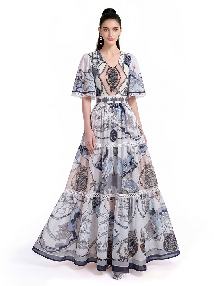 Short sleeve printing long dress