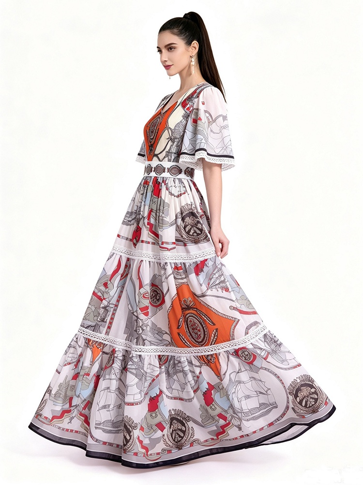 Short sleeve printing long dress