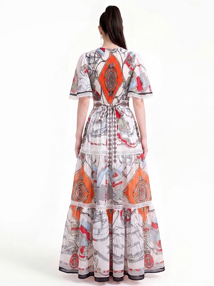 Short sleeve printing long dress