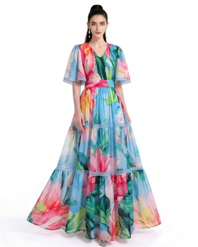 Printing short sleeve long dress