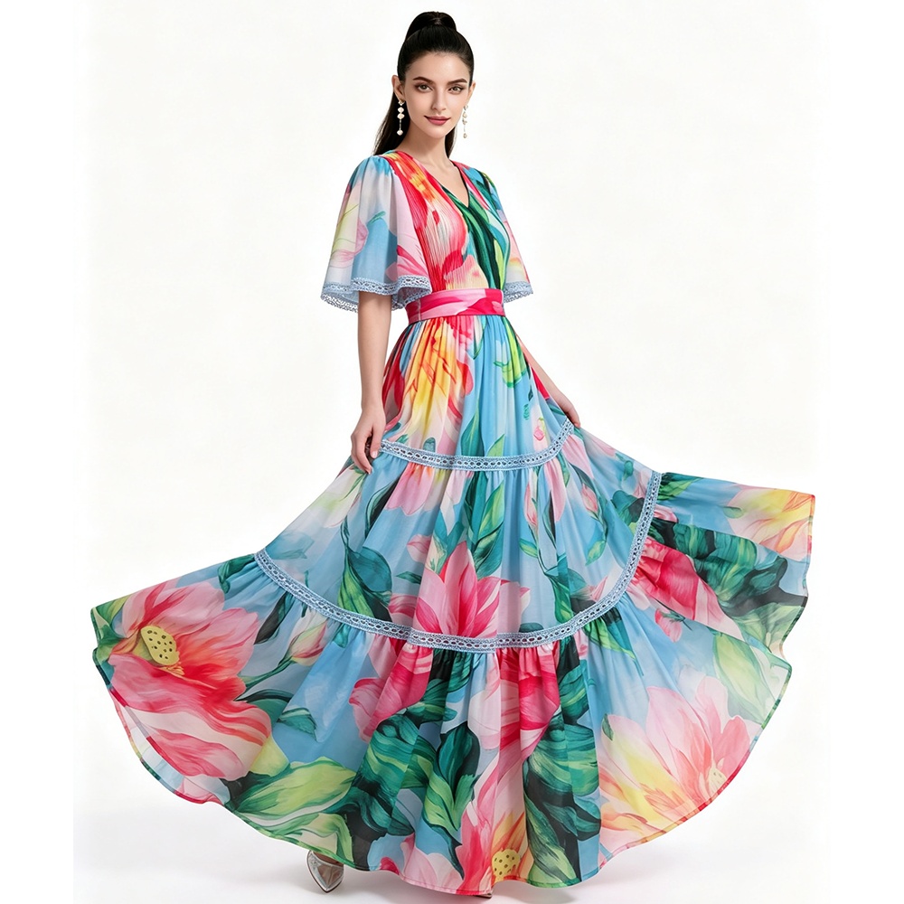 Printing short sleeve long dress