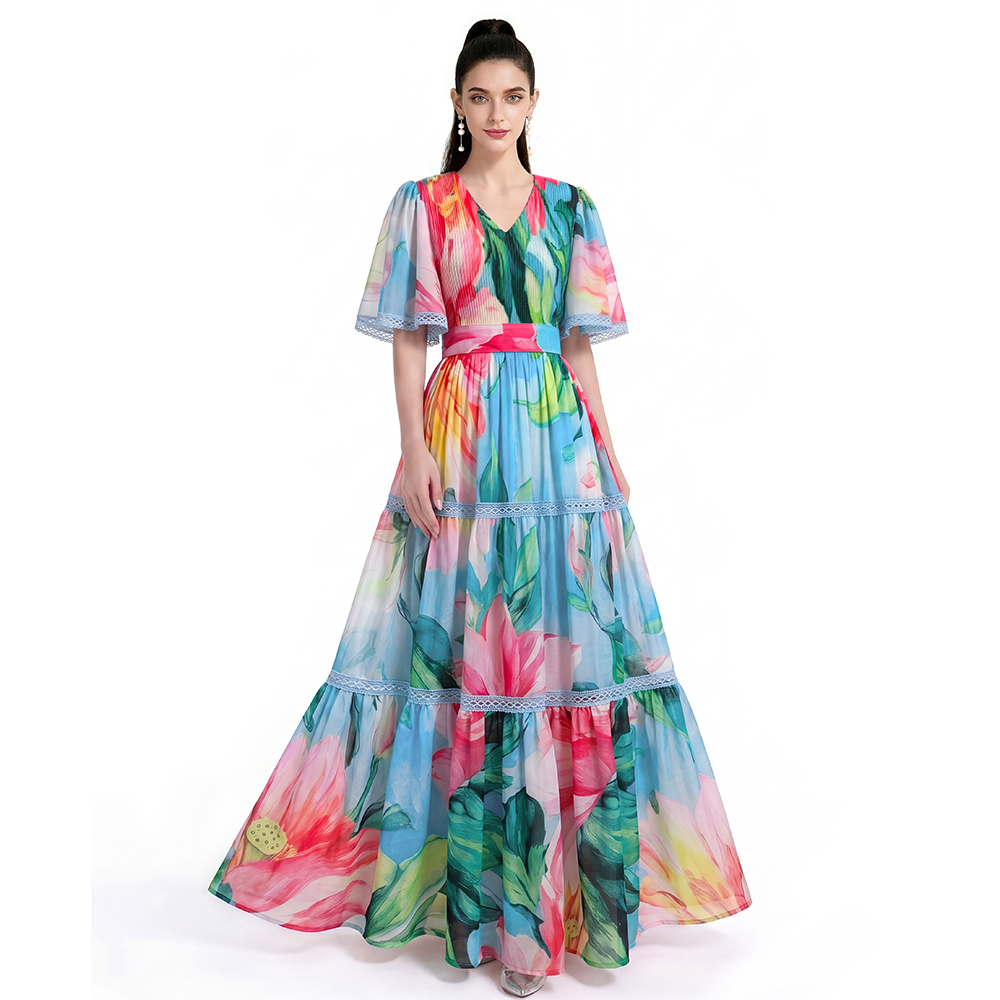 Printing short sleeve long dress
