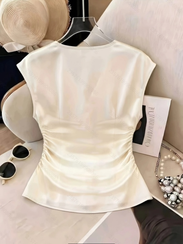 France style fold V-neck pure satin shirt