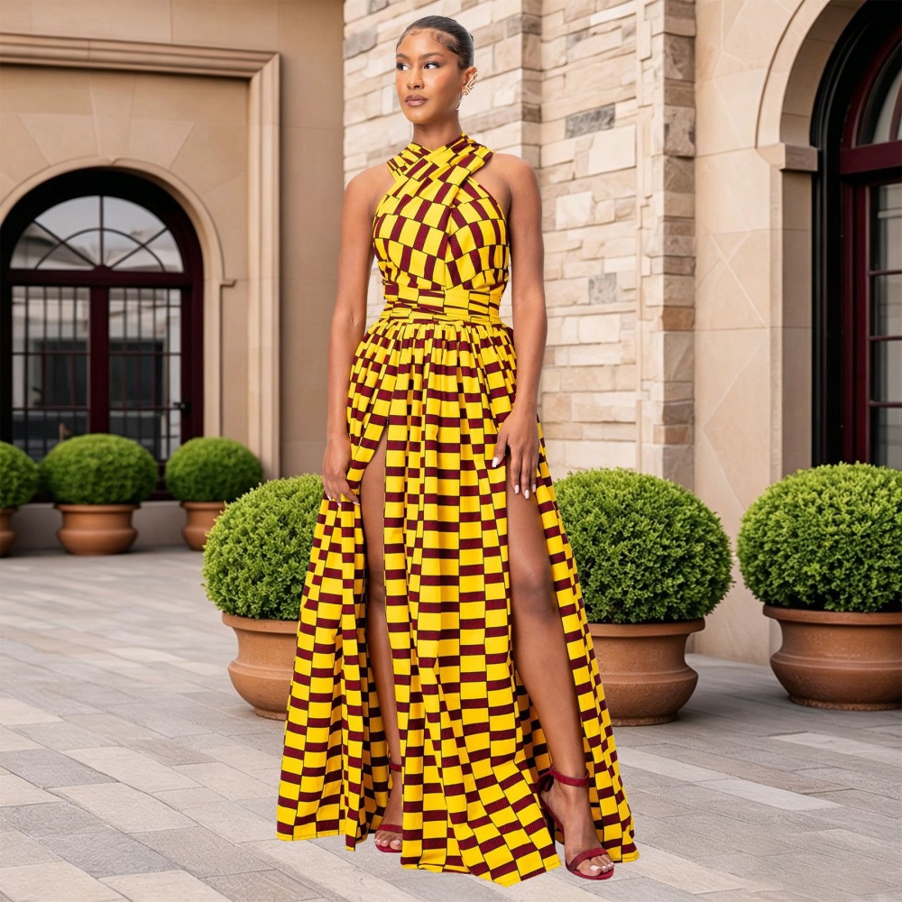 European style printing formal dress high split fashion dress