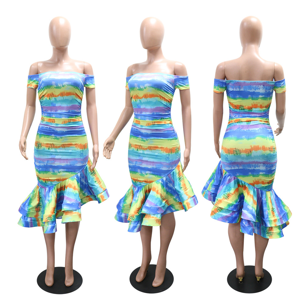 Flat shoulder wood ear irregular European style dress