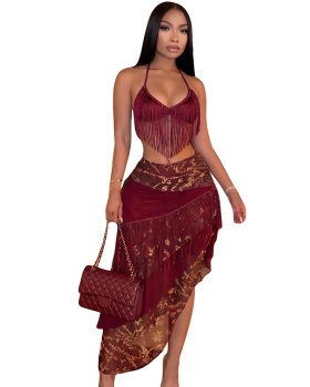 Frenum tassels wrapped chest irregular skirt a set