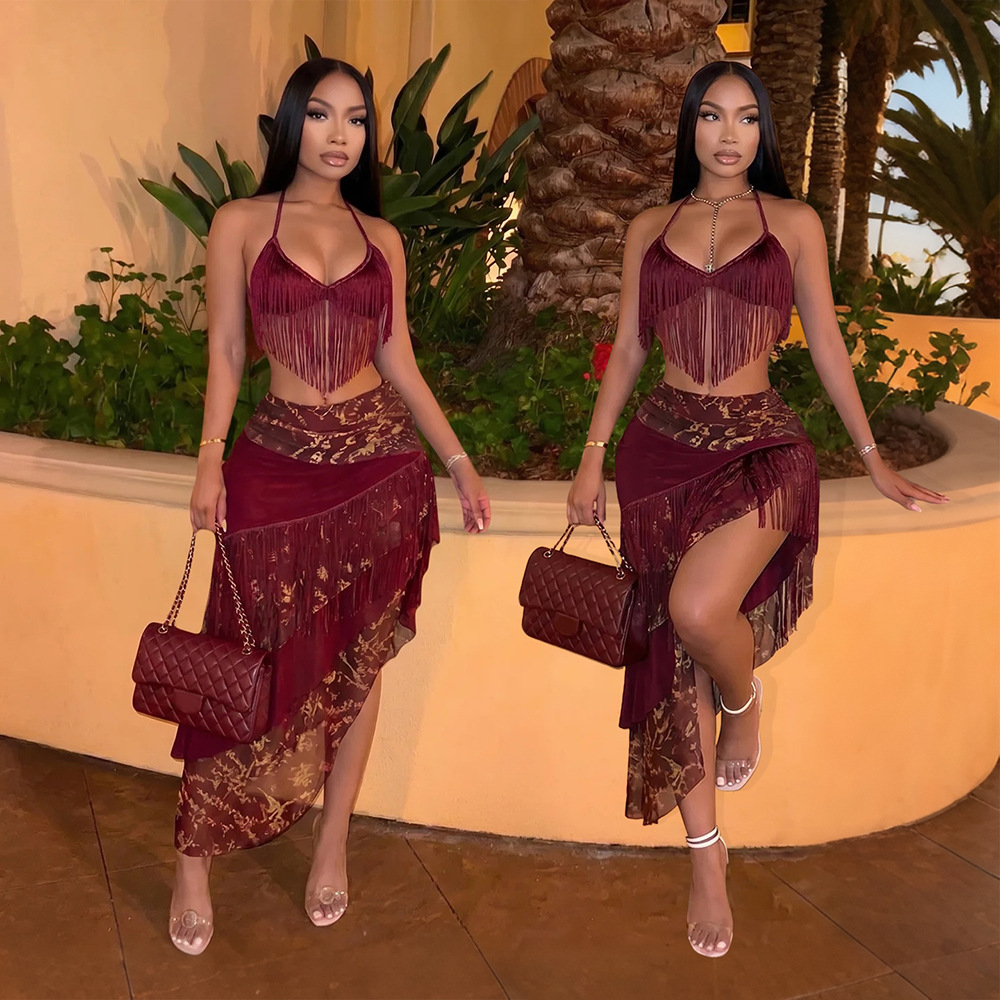 Frenum tassels wrapped chest irregular skirt a set